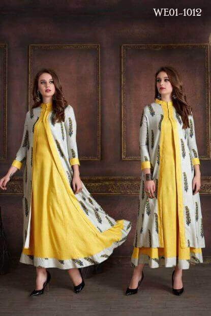 Yellow & Off White Kurti With Long Jacket