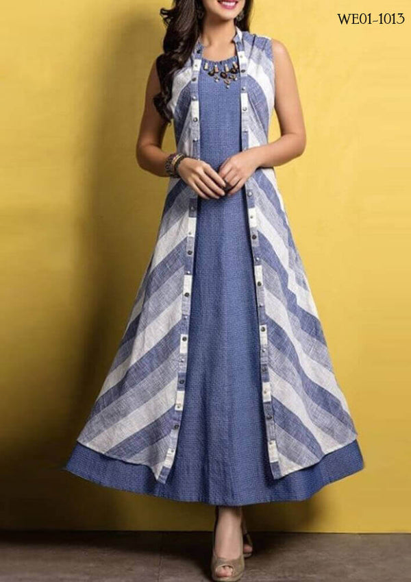 Blue Cotton Kurti With Jacket