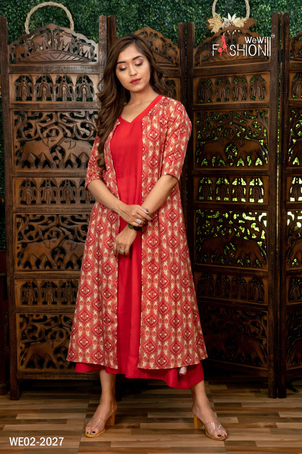 Women Solid Kurta With Ethnic Jacket