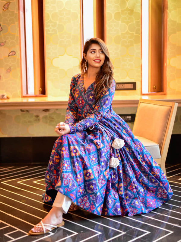 Ethnic Angrakha Style Blue Printed Gown with Pant