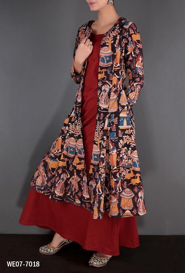 Kalamkari Jacket with Maroon Maxi Dress