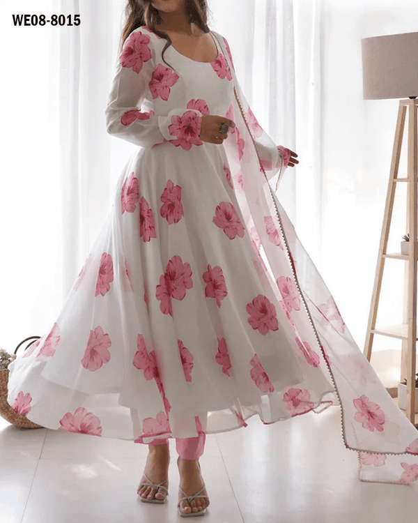 White Floral Printed Kurti With Dupatta