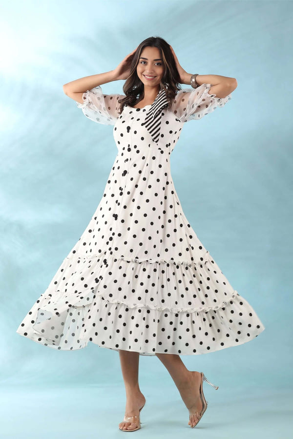White Polka Dot Printed Dress