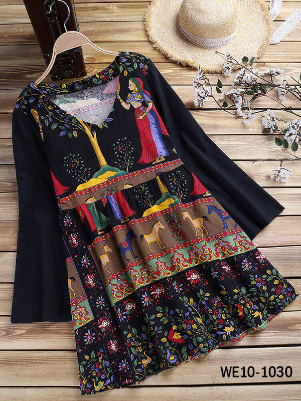 Ethnic Print Patchwork Women Shirt