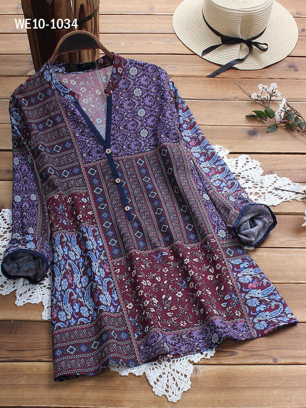 Random folk style print long-sleeve vintage blouse