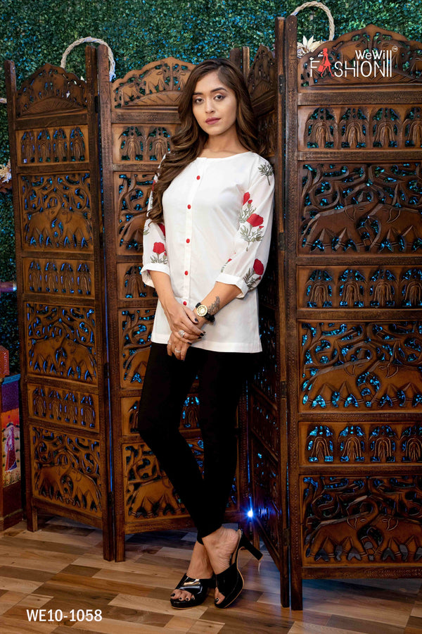 White Top With Printed Sleeve