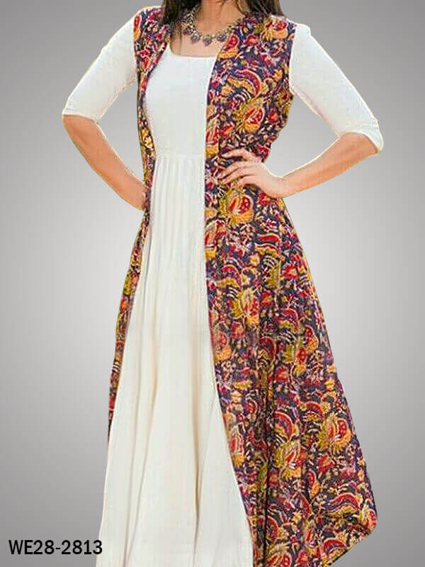 White Kurti With Printed Jecket