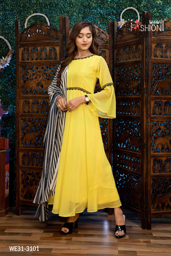 Yellow Trendy Kurti With Printed Dupatta