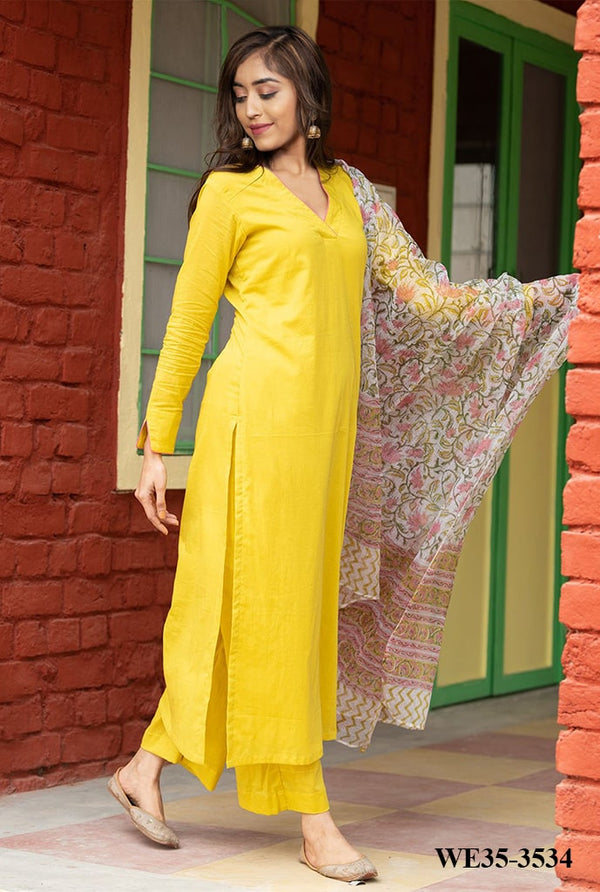 Yellow Kurti Suit With Printed Dupatta