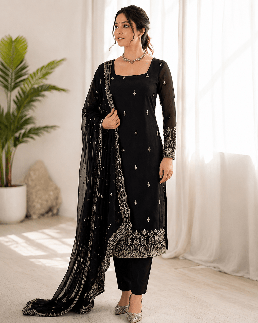 Women's Black Embroidered 3 Piece Kurta Set with Dupatta