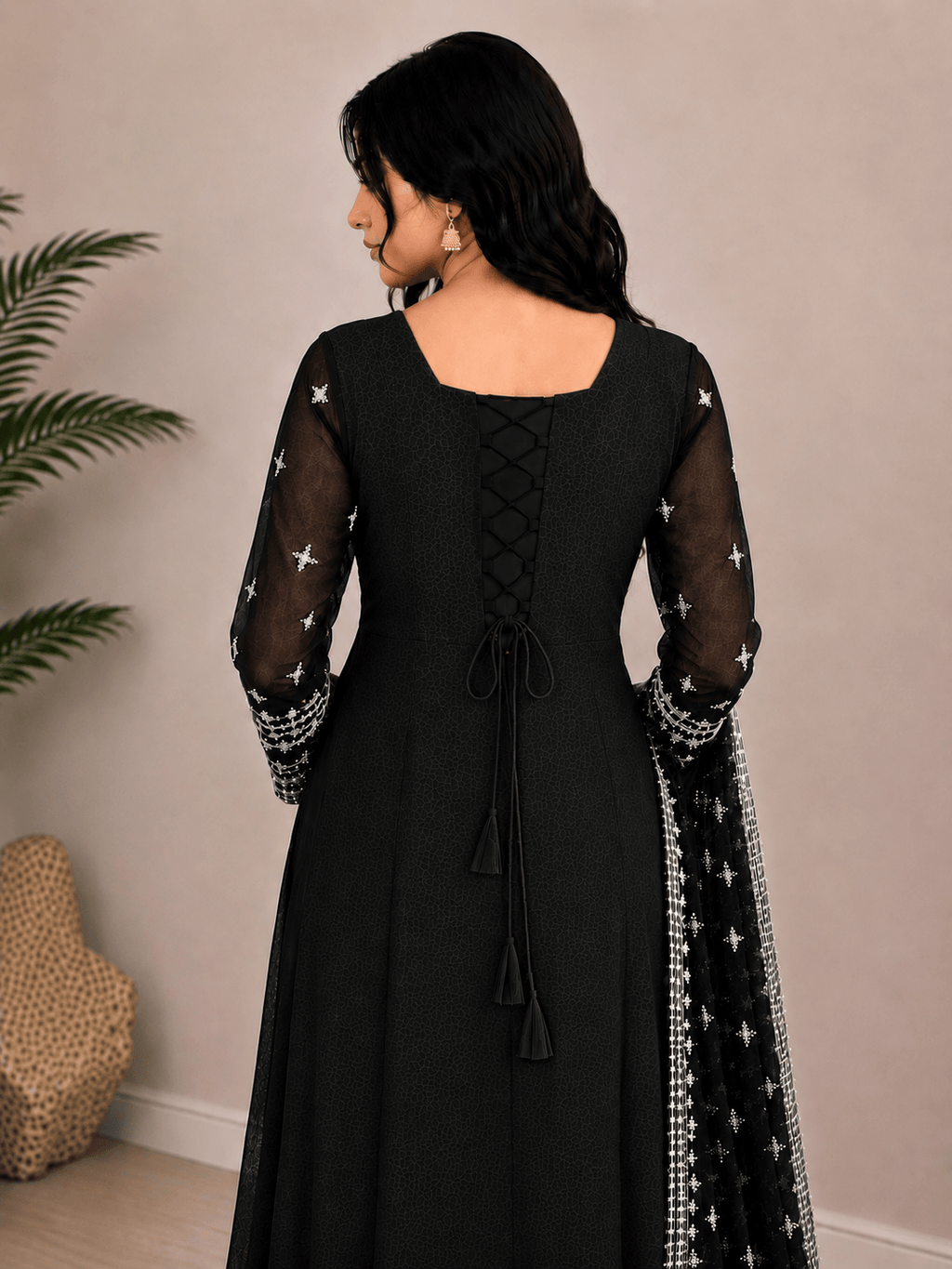 Women's Black Embroidered 3 Piece Kurta Set with Dupatta