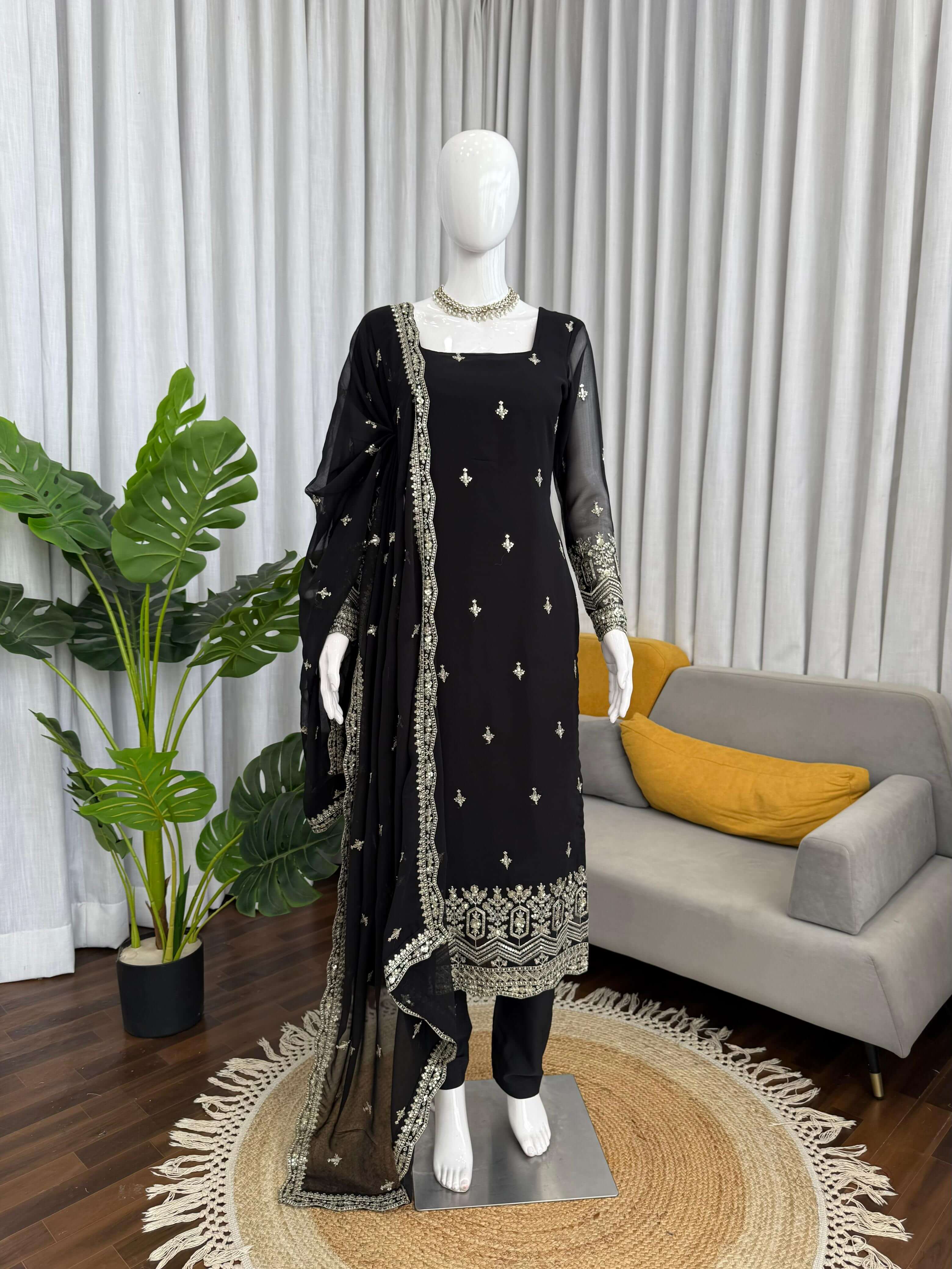 Women's Black Embroidered 3 Piece Kurta Set with Dupatta