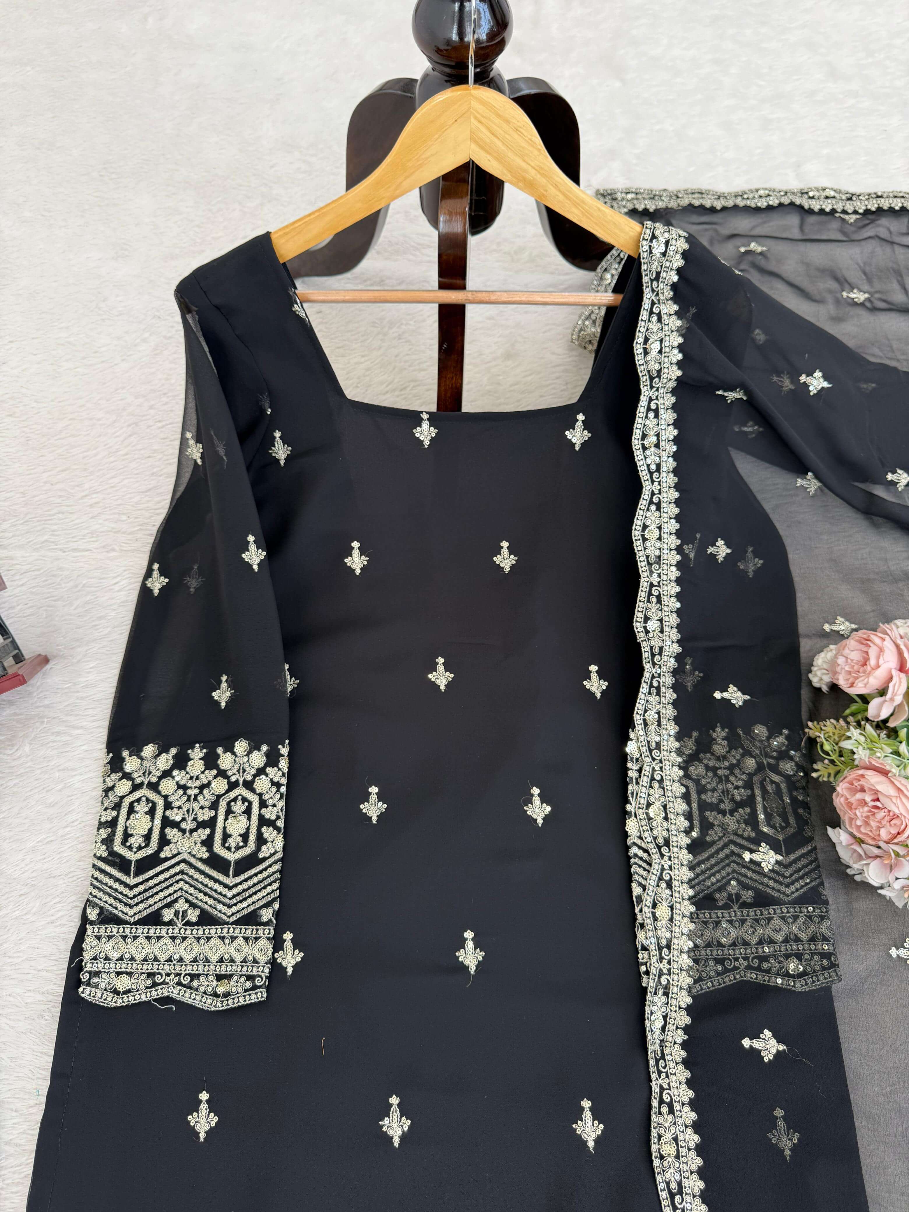 Women's Black Embroidered 3 Piece Kurta Set with Dupatta