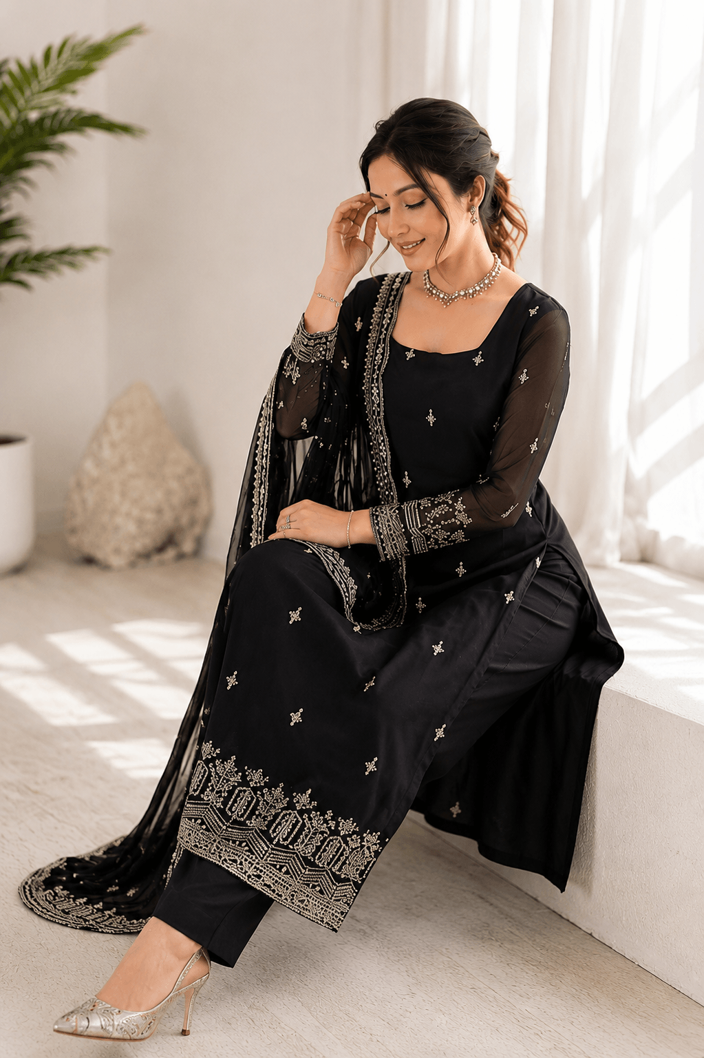 Women's Black Embroidered 3 Piece Kurta Set with Dupatta