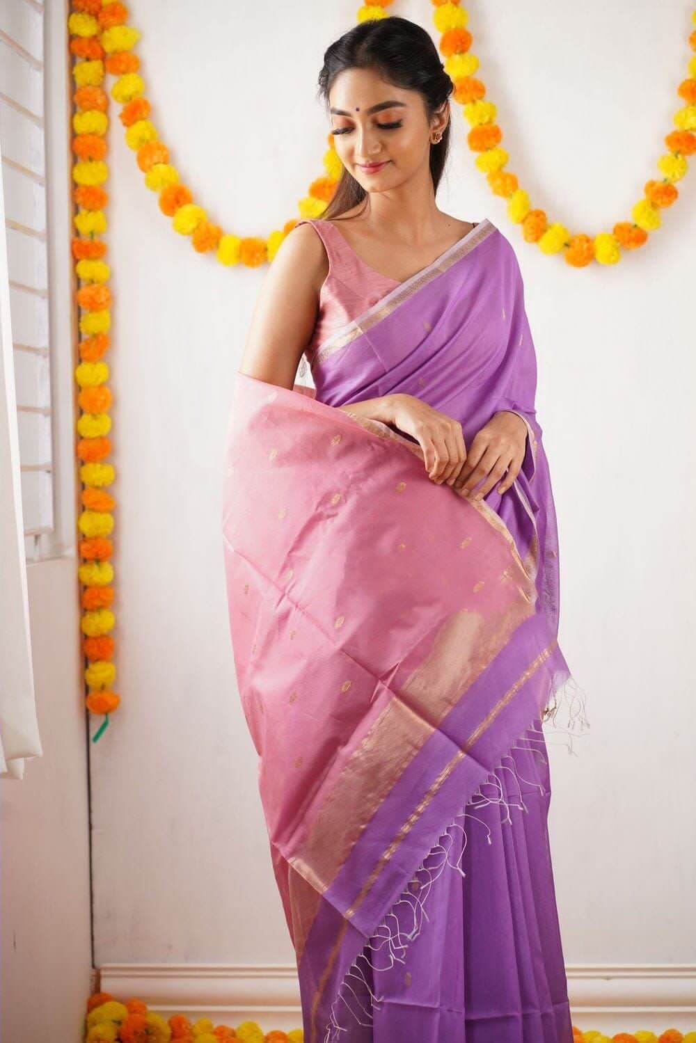 Purple and Pink Ethnic Motifs Solid saree with Blouse