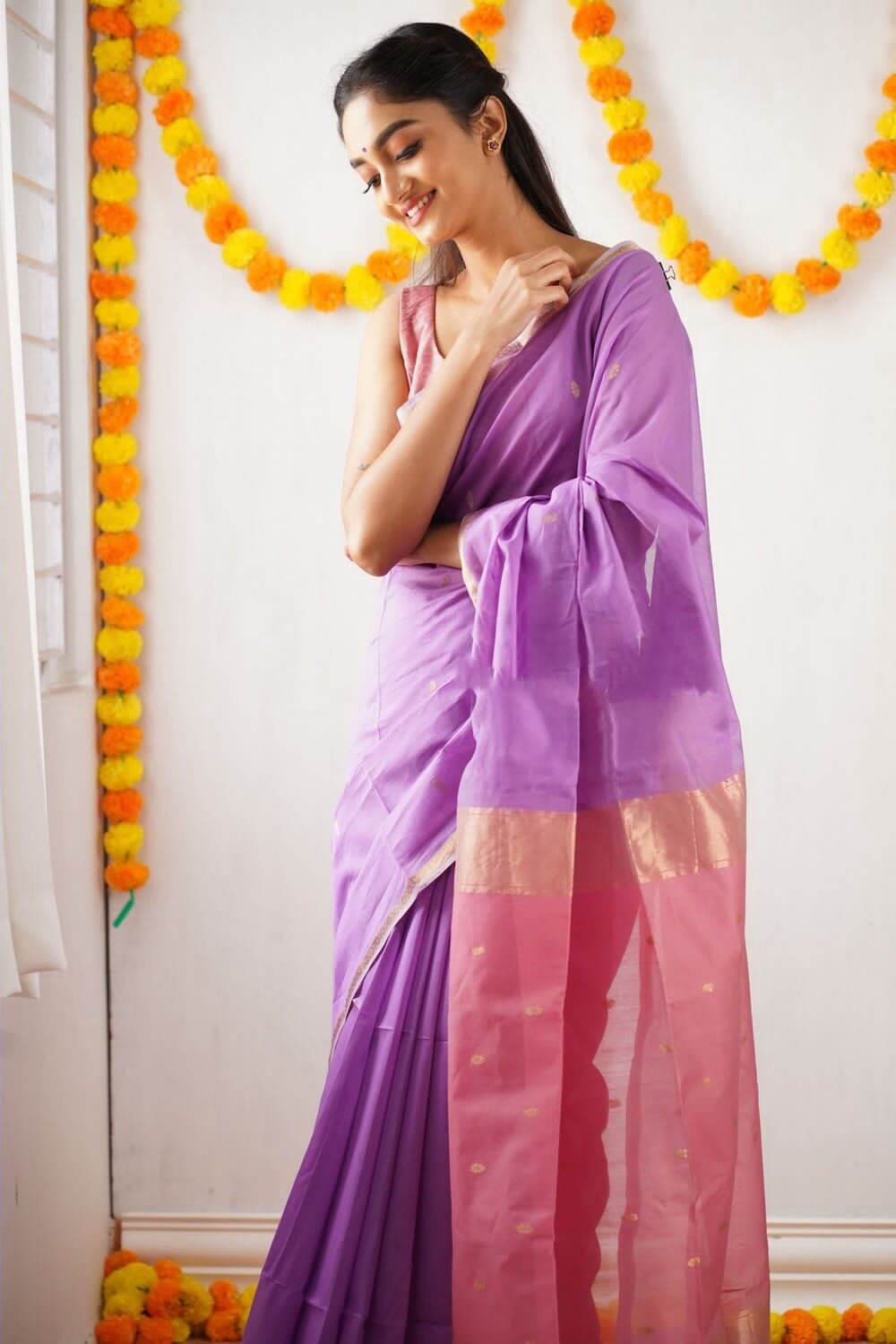 Purple and Pink Ethnic Motifs Solid saree with Blouse
