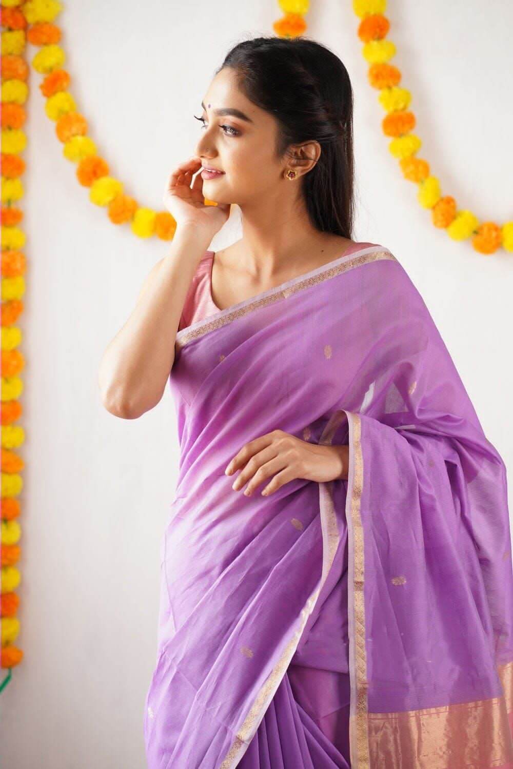 Purple and Pink Ethnic Motifs Solid saree with Blouse